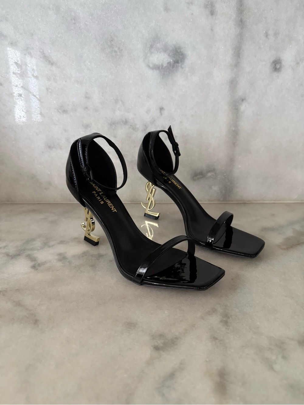 Saint Laurent Black Patent YSL Logo Heel Sandals EU 38